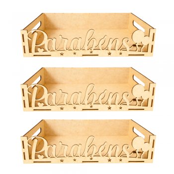 Jogo 3 Caixas em MDF com Recorte “Parabéns” e Balão