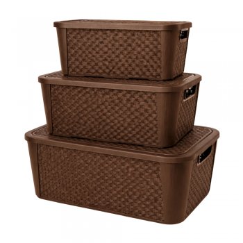 Kit 3 Caixas Organizadoras Rattan com Tampa Café