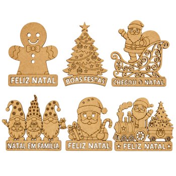 Jogo 6 Apliques Natalinos Pequenos em MDF Cru