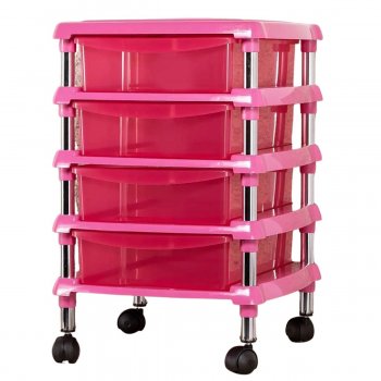 Gaveteiro 4P Rosa e com Gavetas Transparentes e Rodizios Giratórios