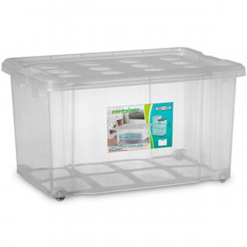 Container 50 Litros Transparente com Tampa Branca e Rodízios