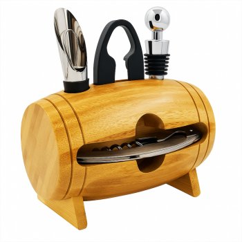 Kit para Vinho 4 Peças com Suporte em Bambu