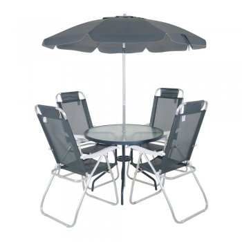 Conjunto Noronha 4 Cadeiras em Alumínio + Mesa + Guarda Sol Bel - Cinza