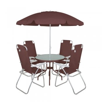 Conjunto Noronha 4 Cadeiras em Alumínio + Mesa + Guarda Sol Bel - Marrom
