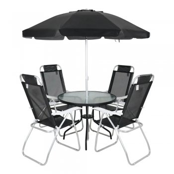 Conjunto Noronha 4 Cadeiras em Alumínio + Mesa + Guarda Sol Bel - Preto